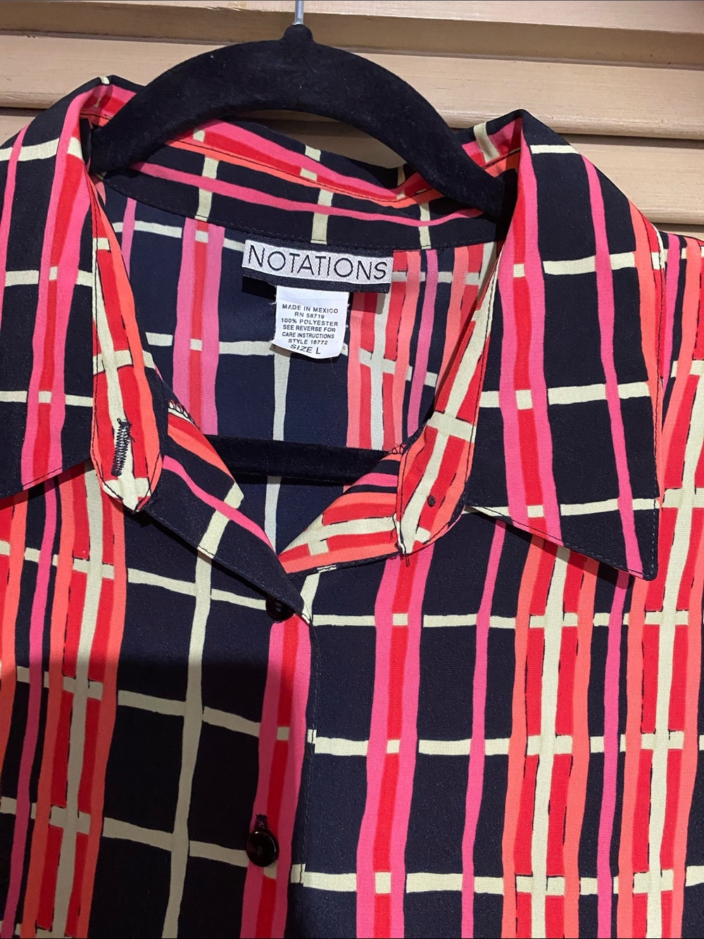 Notations Navy Plaid Button-Down Blouse with Pink and Cream Stripes